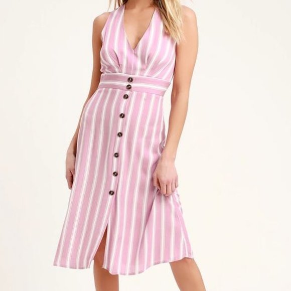 Lulus Dresses & Skirts - Jacqui Lavender and White Striped Button Front Mid
